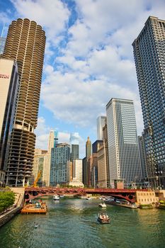 Image of Beautiful skyscrapers line Chicago river ship canal with bridge