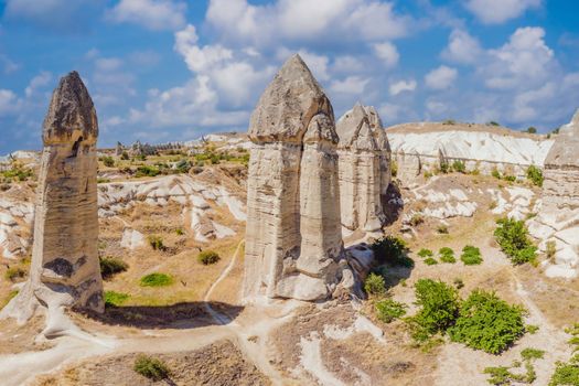 Unique geological formations in Love Valley in Cappadocia, popular travel destination in Turkey.