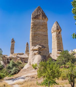 Unique geological formations in Love Valley in Cappadocia, popular travel destination in Turkey.