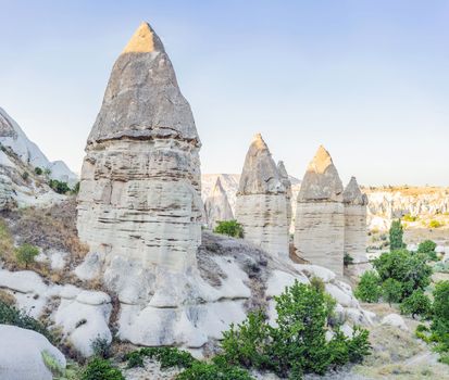 Unique geological formations in Love Valley in Cappadocia, popular travel destination in Turkey.