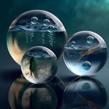 Transparent water spheres against a stunning backdrop of mountains and water. Reflection of the landscape and elements inside the spheres. High quality illustration