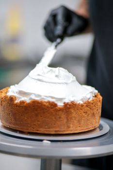catering chef preparing key lime pie in pro kitchen