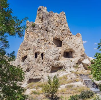 Beautiful stunning view of the mountains of Cappadocia and cave houses. Turkey.