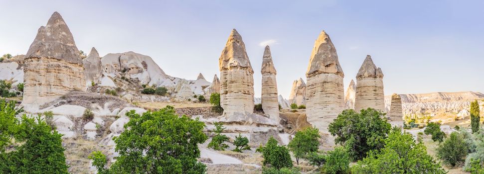 Unique geological formations in Love Valley in Cappadocia, popular travel destination in Turkey.