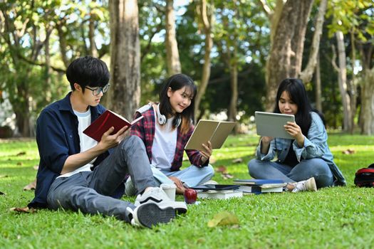 Group of student reading books, preparing for exam on green lawn at university campus. Youth lifestyle and friendship concept.