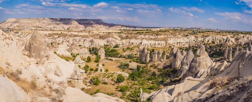 Unique geological formations in Love Valley in Cappadocia, popular travel destination in Turkey.