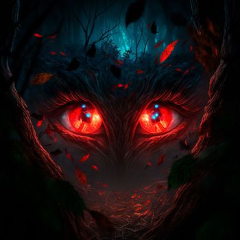 A big monster with red eyes in a mystical forest. High quality illustration