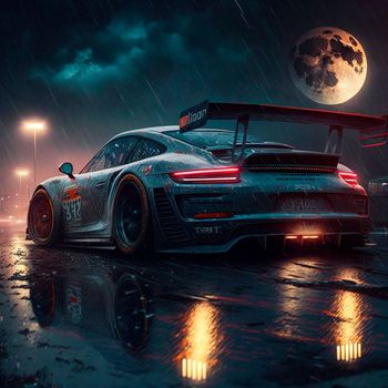 Glowing racing car cuts through the night city in the rain. High quality illustration