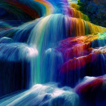 mountain stream with water shimmering with rainbow colors. High quality illustration