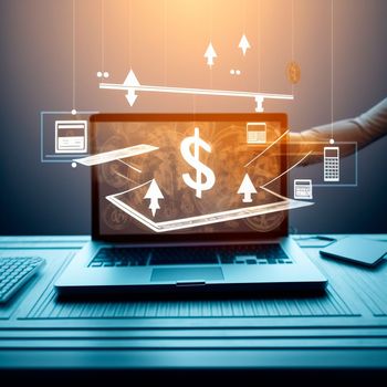 laptop on the table, monitor in the air, graphics of dollars in the air in front of the laptop ,business. High quality illustration