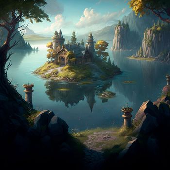 Mystical mysterious ruins on the lake islands. High quality illustration