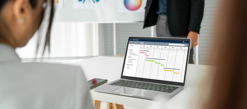 Project planning software for modish business project management on the computer screen showing timeline chart of the team project