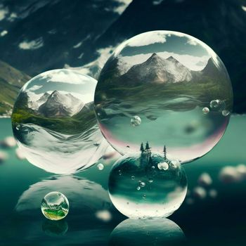 Transparent water spheres against a stunning backdrop of mountains and water. Reflection of the landscape and elements inside the spheres. High quality illustration