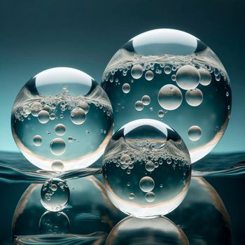 Transparent water spheres against a stunning backdrop of mountains and water. Reflection of the landscape and elements inside the spheres. High quality illustration