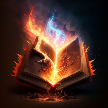 A magical book engulfed in flames and lightning. High quality illustration