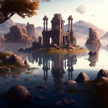 Mystical mysterious ruins on the lake islands. High quality illustration