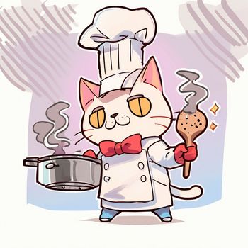 Cartoon image of a cook's cat in a chef's hat, who cooks something in the kitchen, cartoon. High quality illustration