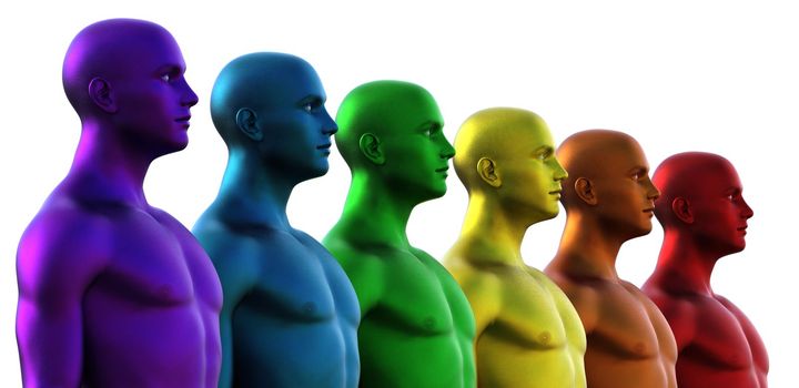 3D rendering. Row of multicolored bald men on white background