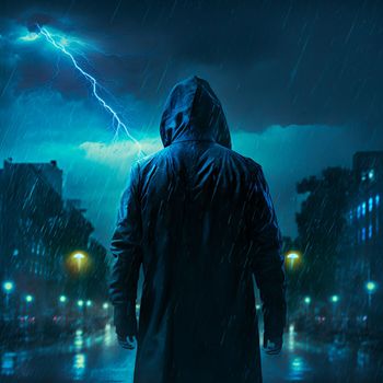 Mysterious man in a black raincoat on the background of thunder. High quality photo