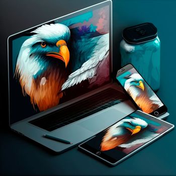 The eagle breaks out of the phone, tablet, laptop. Design, graphics.Image on tablet and phone side by side, graphics, graphic design. High quality illustration