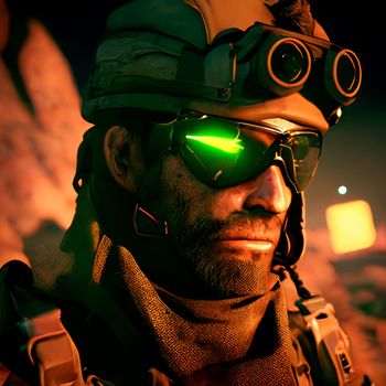 soldier in a helmet and combat goggles during an operation in the desert. High quality illustration