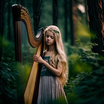 A girl plays a harp in a fairy forest. High quality illustration