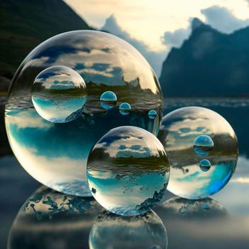 Transparent water spheres against a stunning backdrop of mountains and water. Reflection of the landscape and elements inside the spheres. High quality illustration