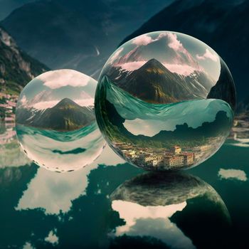 Transparent water spheres against a stunning backdrop of mountains and water. Reflection of the landscape and elements inside the spheres. High quality illustration