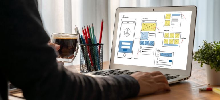 UX UI design process for modish mobile application and website . Creative prototype of wireframe for professional app developer .