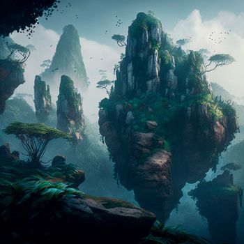 Abstract flying island with green plants. Avatar style. High quality illustration
