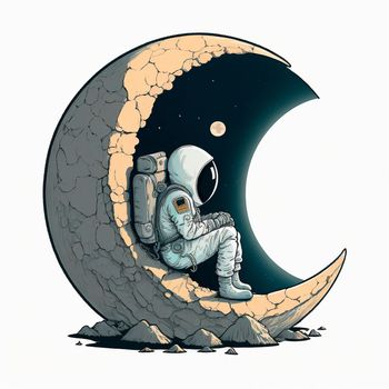 Cartoon image of an astronaut sitting on a moon. High quality illustration