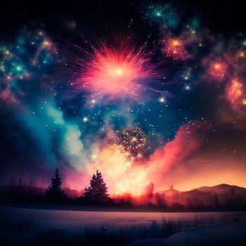 Bright night sky with fireworks. High quality illustration