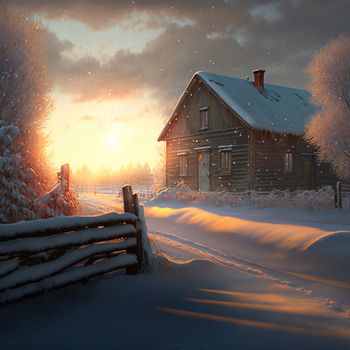 A cold winter morning in the village. High quality illustration