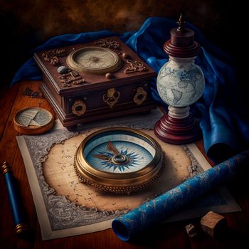 travel map and compass on the table, pirate map. High quality illustration