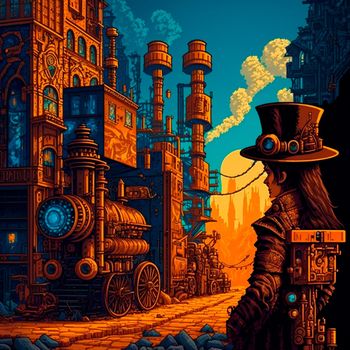 Cartoon image of a steampunk city stylized as pixelart. High quality illustration