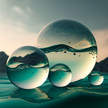 Transparent water spheres against a stunning backdrop of mountains and water. Reflection of the landscape and elements inside the spheres. High quality illustration