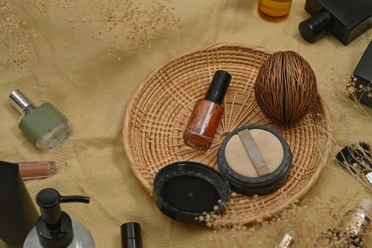 Blank cosmetic bottle, natural cosmetics set on wicker placemat. Natural cosmetic, beauty and skincare concept.