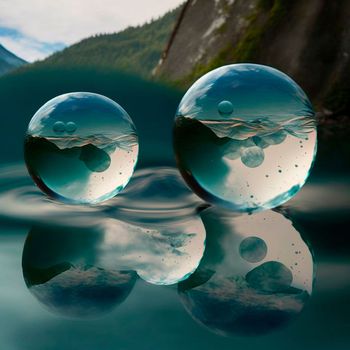 Transparent water spheres against a stunning backdrop of mountains and water. Reflection of the landscape and elements inside the spheres. High quality illustration