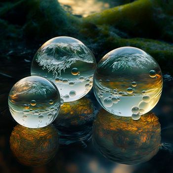Transparent water spheres against a stunning backdrop of mountains and water. Reflection of the landscape and elements inside the spheres. High quality illustration