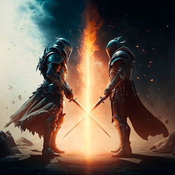 epic cinematic battle of two warriors in armor. High quality illustration