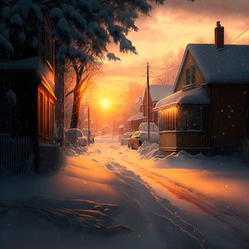 A cold winter morning in the village. High quality illustration