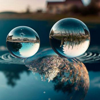 Transparent water spheres against a stunning backdrop of mountains and water. Reflection of the landscape and elements inside the spheres. High quality illustration