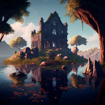 Mystical mysterious ruins on the lake islands. High quality illustration
