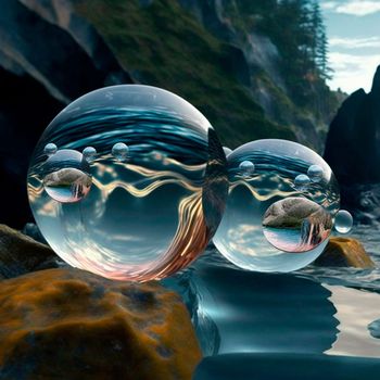 Transparent water spheres against a stunning backdrop of mountains and water. Reflection of the landscape and elements inside the spheres. High quality illustration