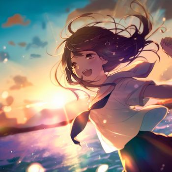 Happy girl in the rays of the sun in anime style. High quality illustration