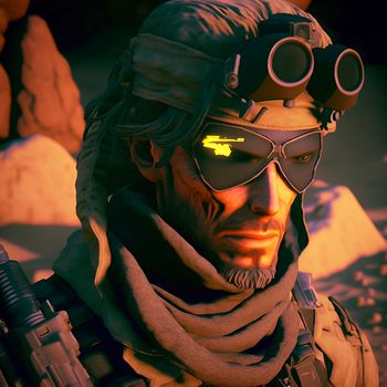 soldier in a helmet and combat goggles during an operation in the desert. High quality illustration