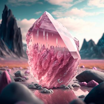 pink crystal in the mountains. High quality illustration