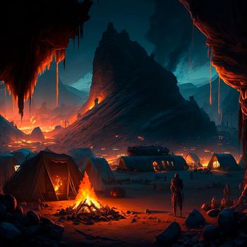 Tent city in the mountains near the volcano. Bonfire in the mountains. Lava world collection. High quality illustration