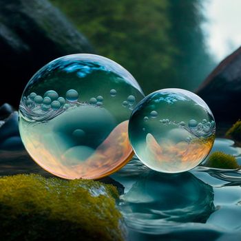 Transparent water spheres against a stunning backdrop of mountains and water. Reflection of the landscape and elements inside the spheres. High quality illustration