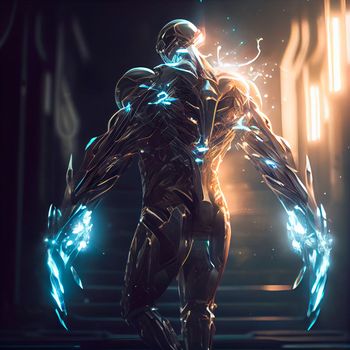Modernized cyborg. Man in a robotic exoskeleton. New weapon. High quality illustration